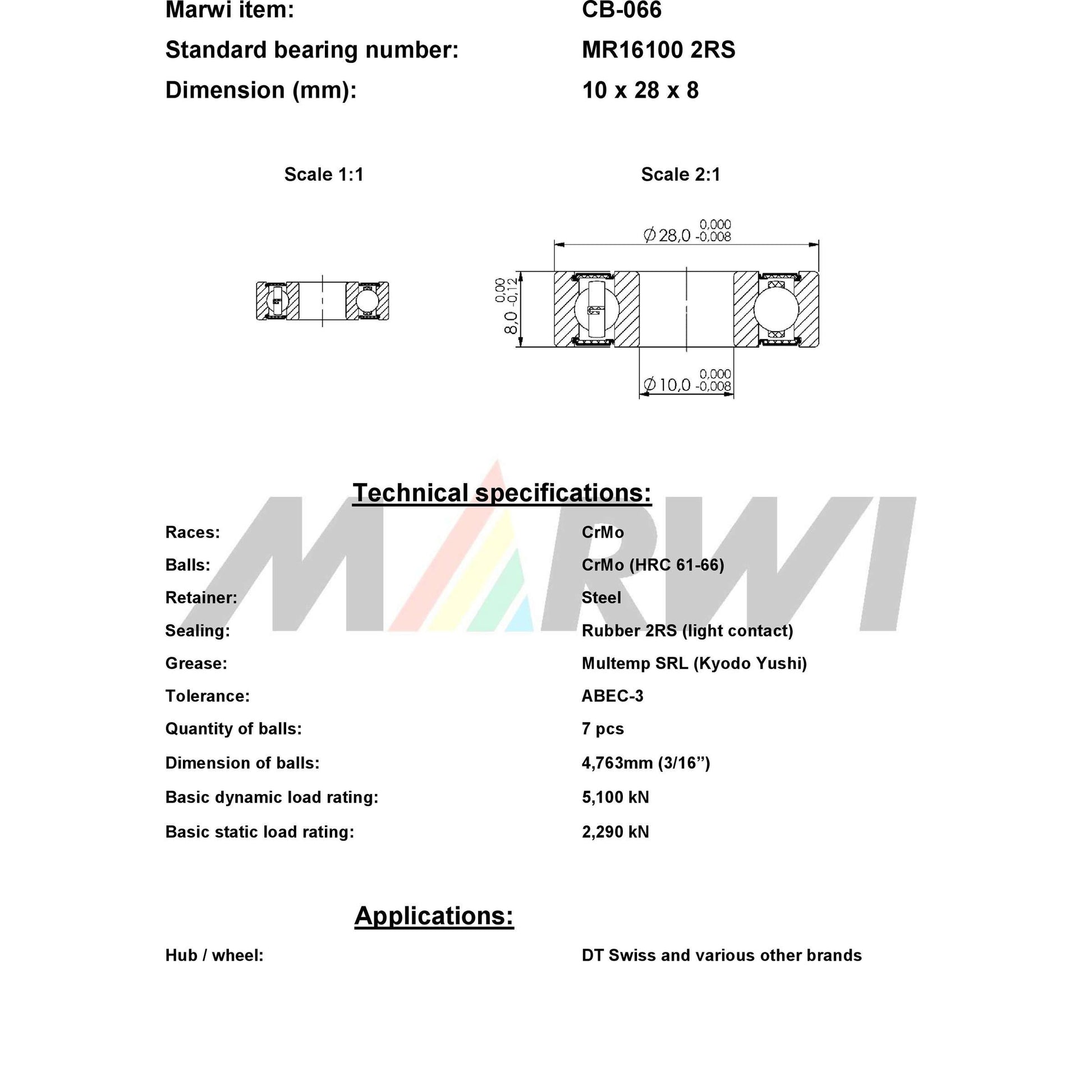 Marwi Kogellager CB-066 MR16100 2RS 10X28X8