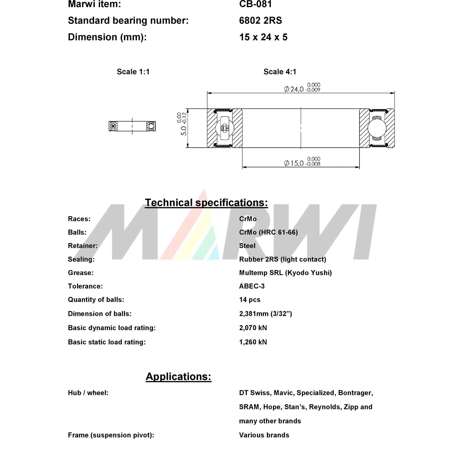 Marwi Kogellager CB-081 6802 2RS 15x24x5