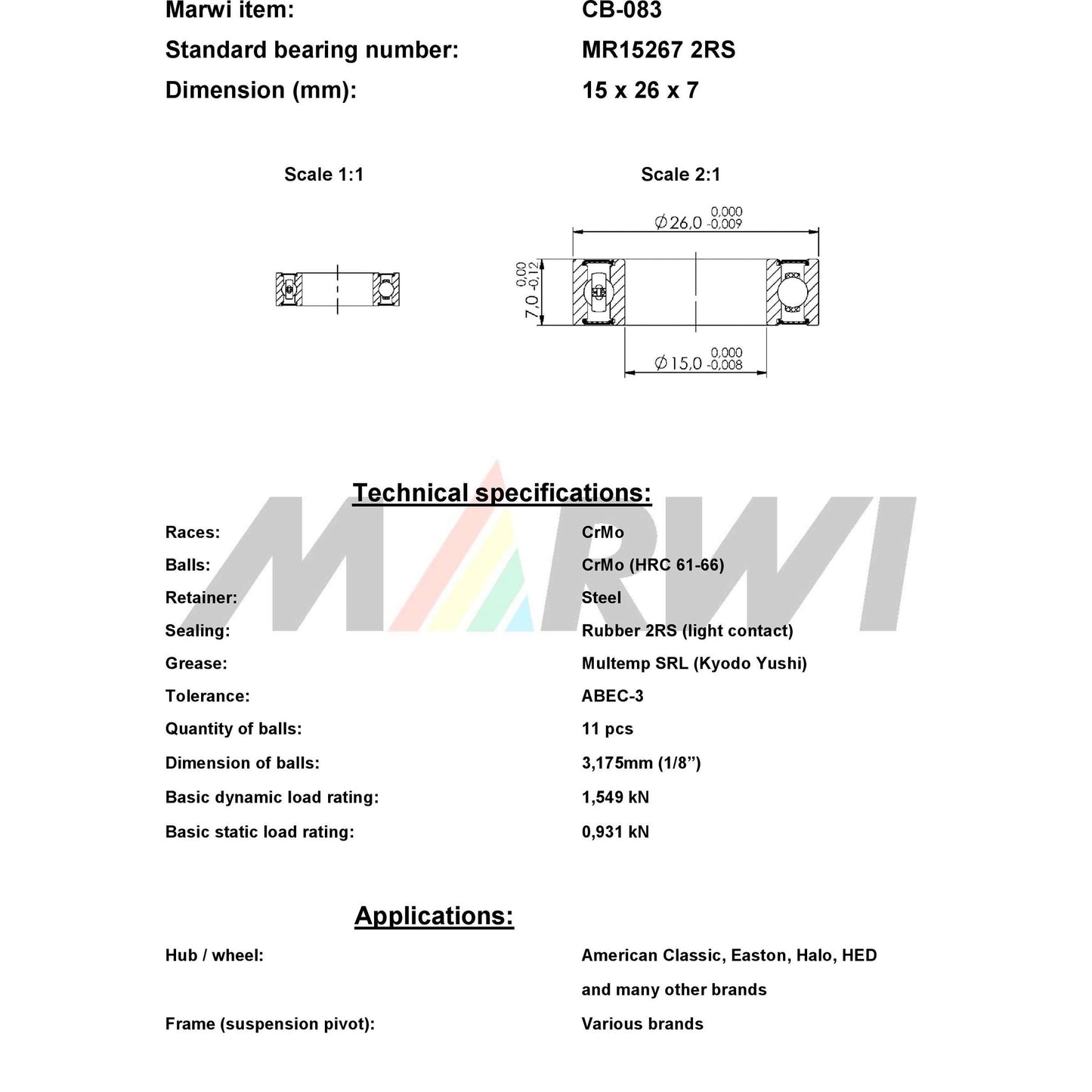 Marwi union kogellager ball bearing union cb-083 15x26x7