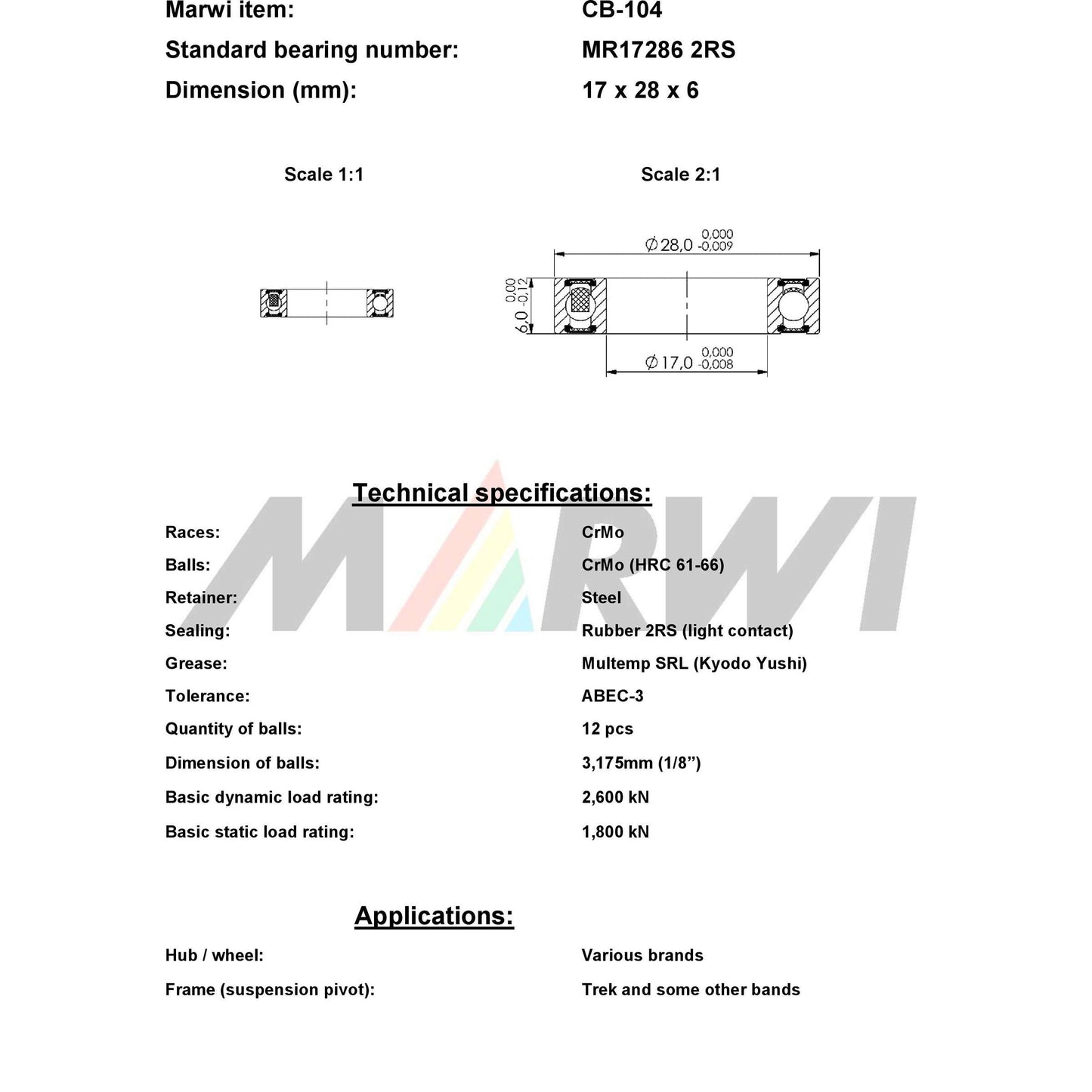 Marwi Kogellager CB-104 MR17286 2RS 17x28x6