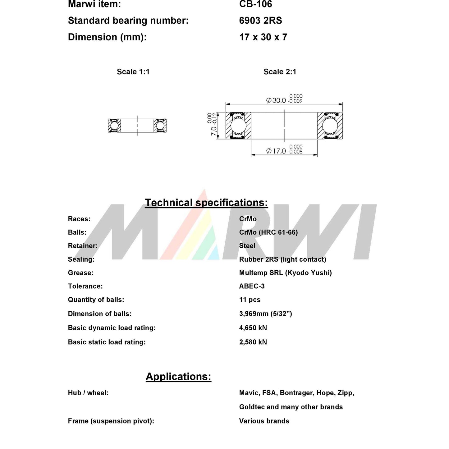 Marwi Kogellager CB-106 6903 2RS ​​17x30x7