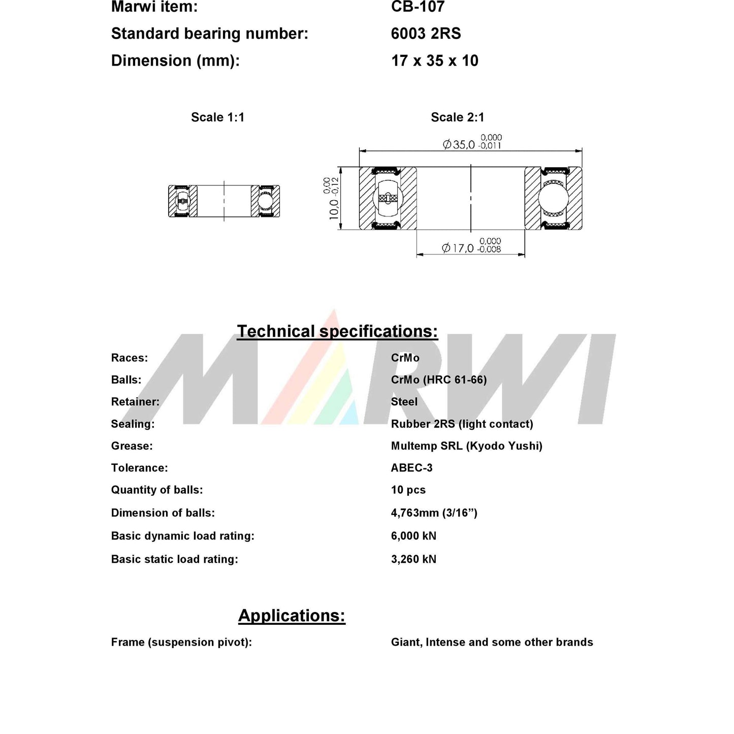 Marwi Kogellager CB-107 6003 2RS ​​17x35x10