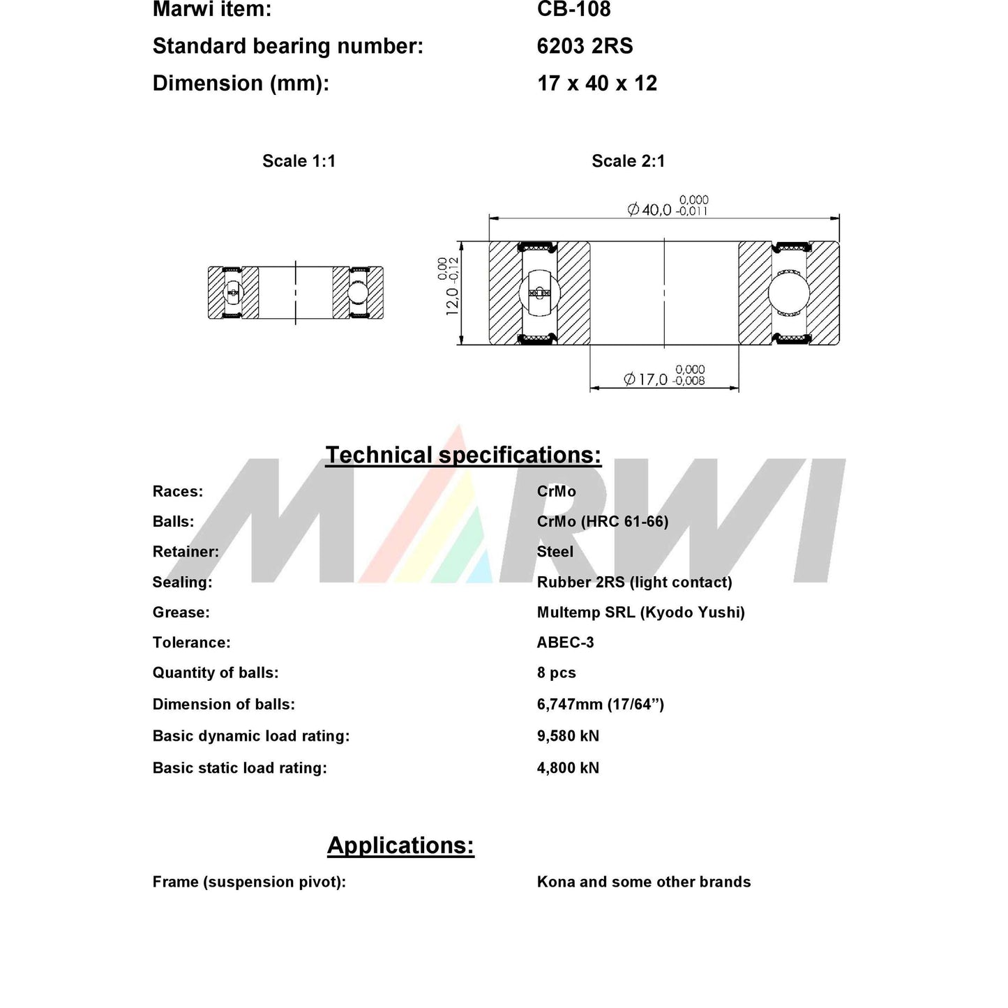 Marwi union kogellager ball bearing union cb-108 17x40x12