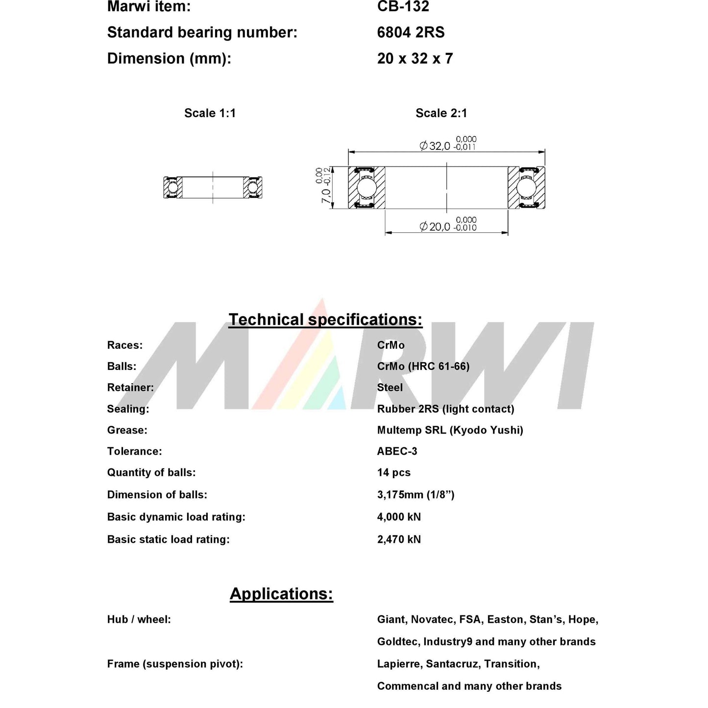 Union CB-132 Cartuccia Kogellager 20x32x7 (6804 2RS)