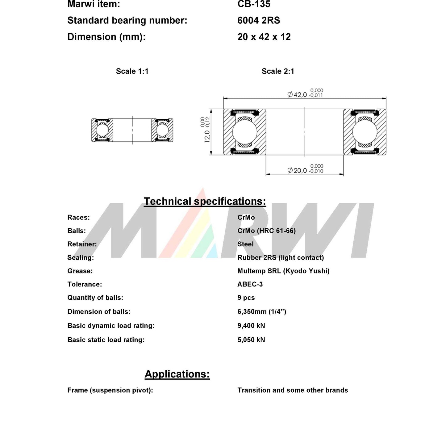 Marwi union kogellager cb-135 6004 2rs 20x42x12