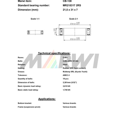 Marwi Kogellager CB-138 MR215317 21.5X31X7