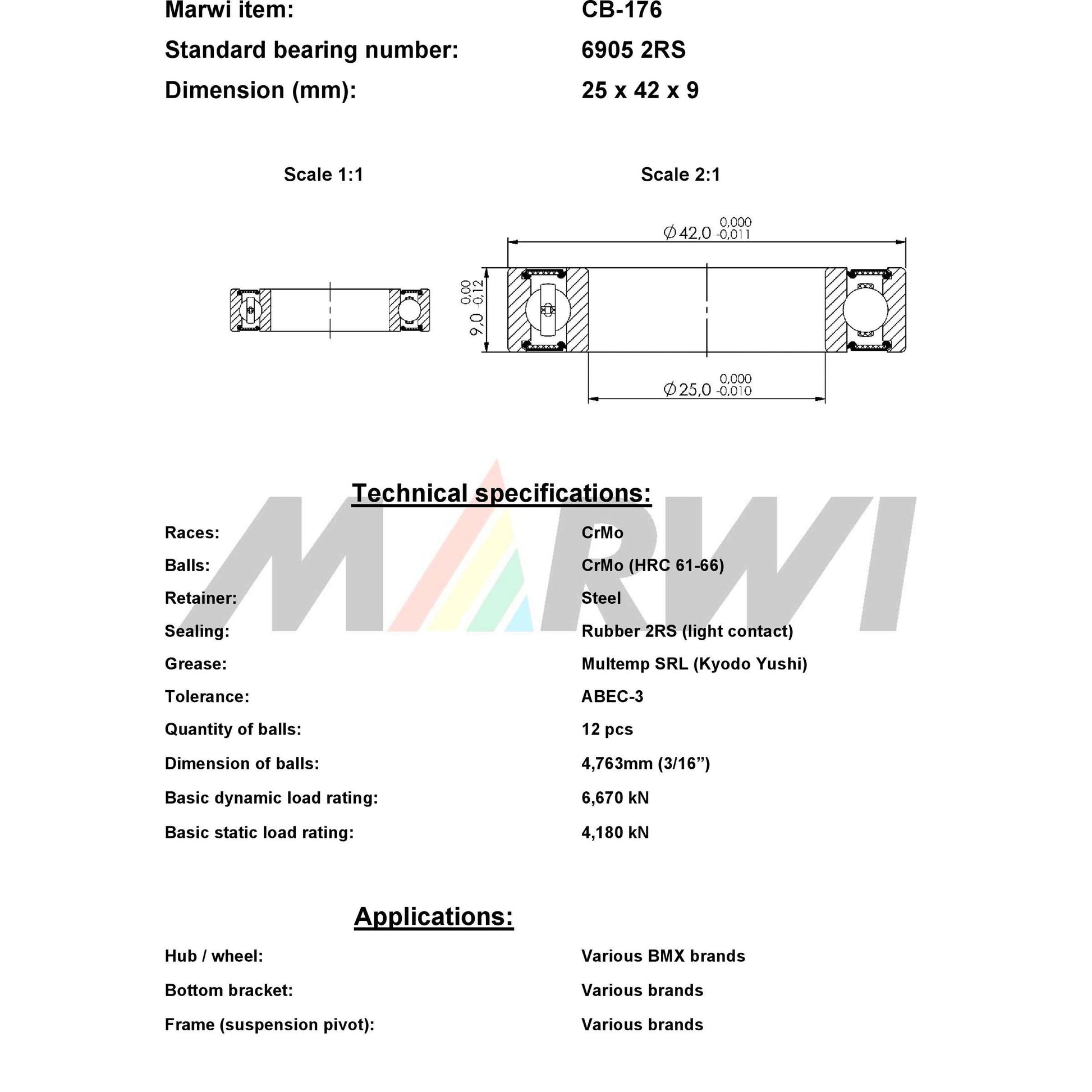 Marwi Kogellager CB-176 6905 2RS 25x42x9
