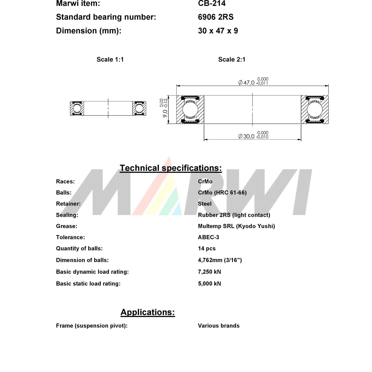 Marwi union kogellager ball bearing union cb-214 30x47x9