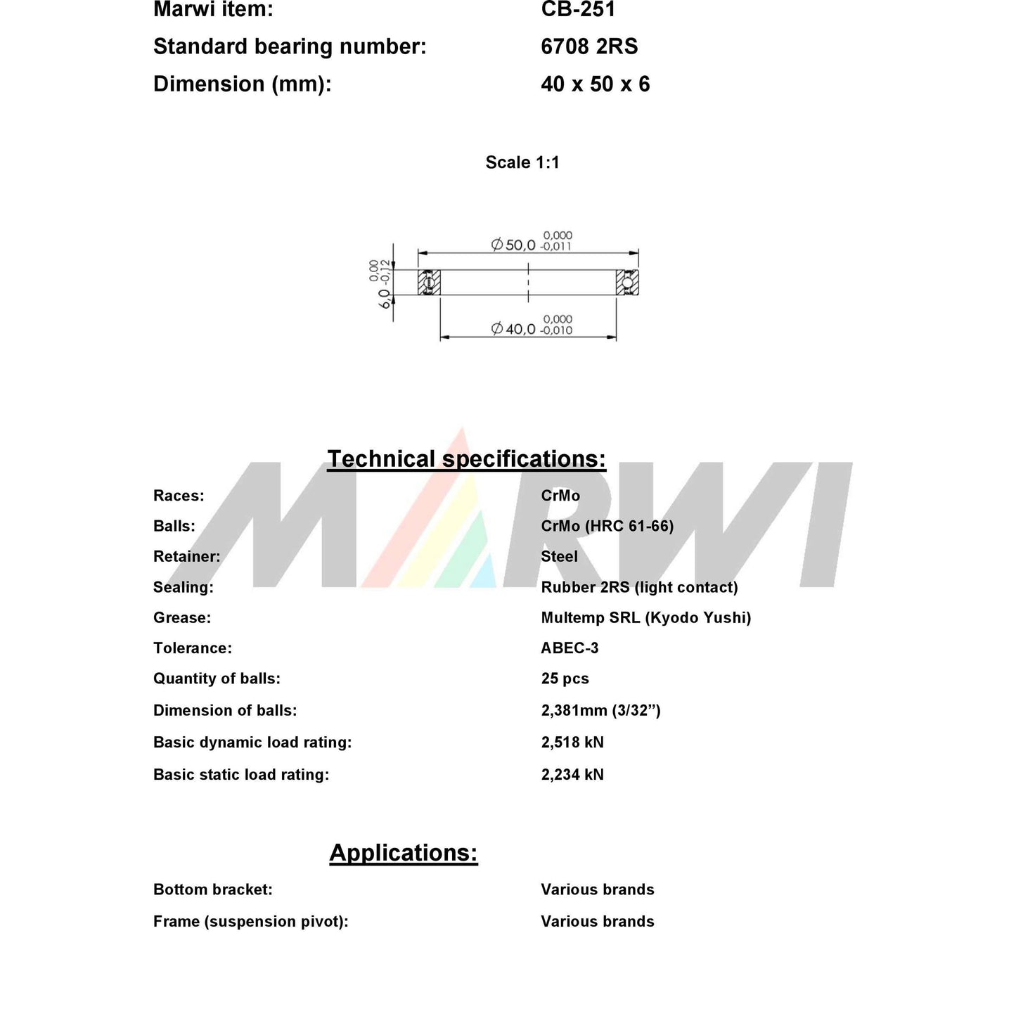 Marwi Kogellager CB-251 6708 2RS 40x50x6