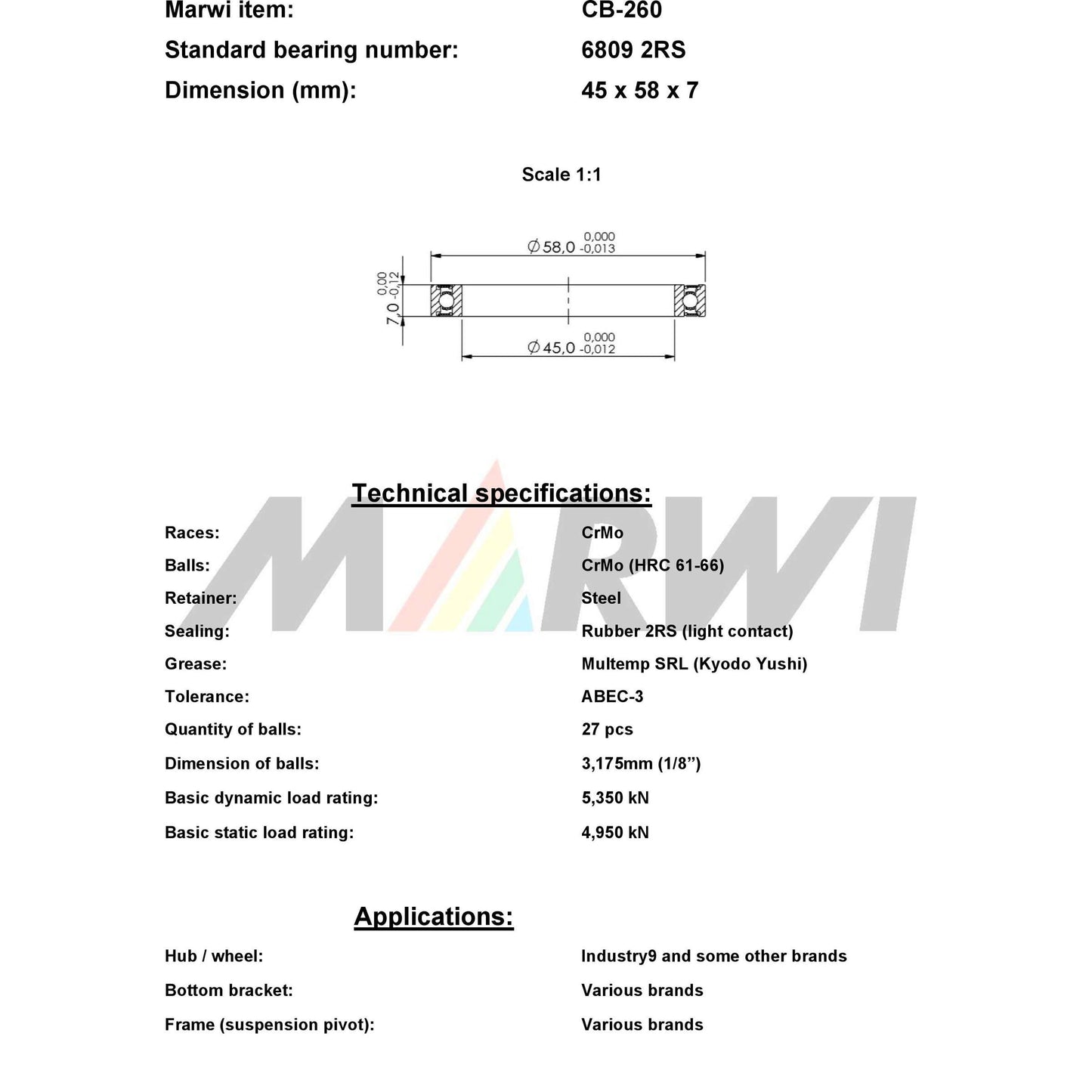 Marwi union kogellager ball bearing union cb-260 45x58x7