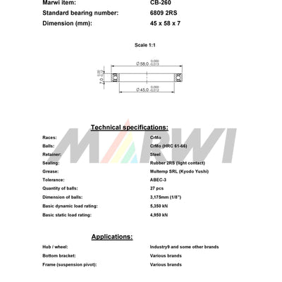 Marwi Kogellager CB-260 6809 2RS 45x58x7