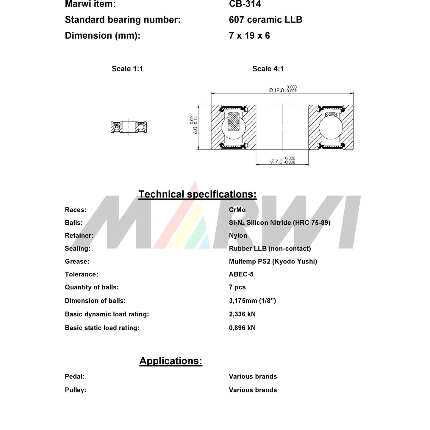 Union Kogellager CB-314 607 LLB 7x19x6 Ceramico