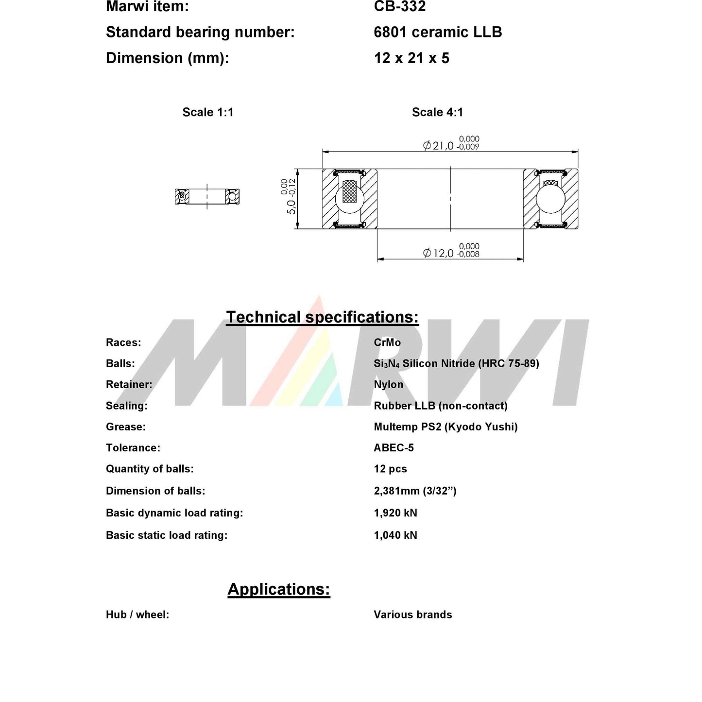 Union Kogellager CB-332 6801 LLB 12x21x5 Ceramic