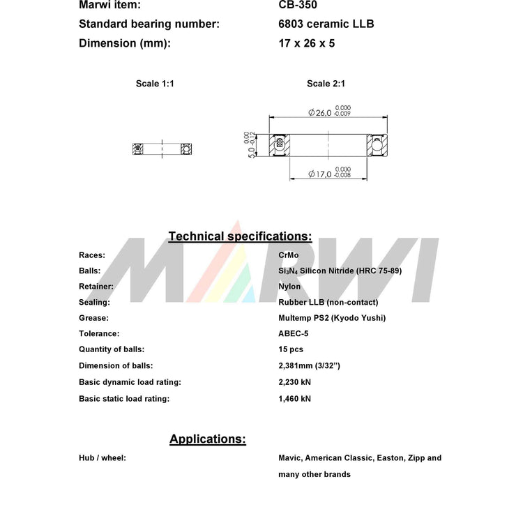 Union Kogellager CB-350 6803 LLB 17x26x5 Ceramica