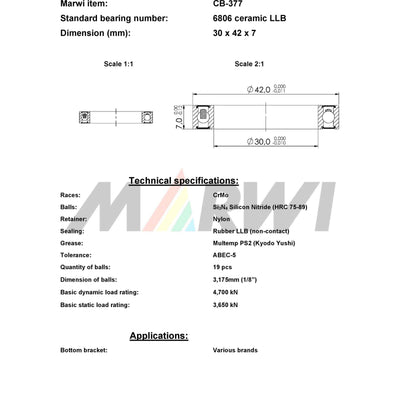 Union Kogellager CB-377 6806 LLB 30X42X7 Cerámica