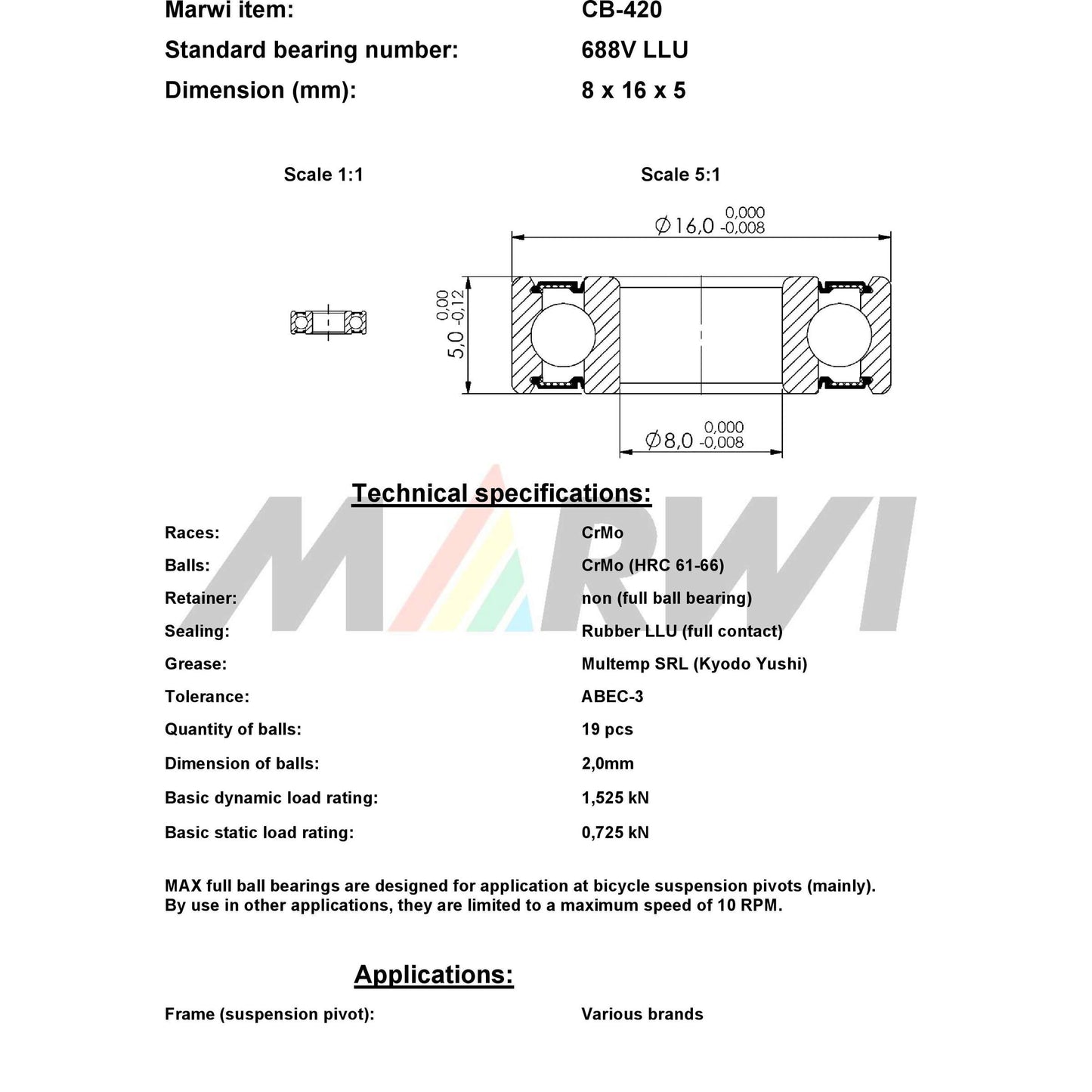 Union Kogellager Max CB-420 688V LLU 8X16X5 Cerámica