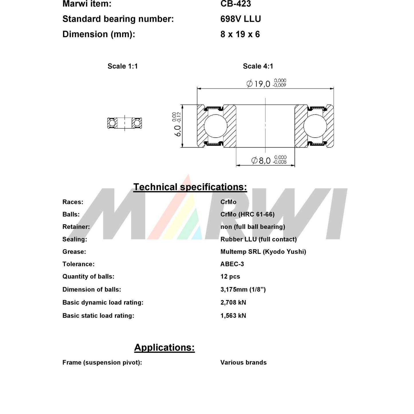 Union Kogellager Max CB-423 698V LLU 8X19X6 Ceramic