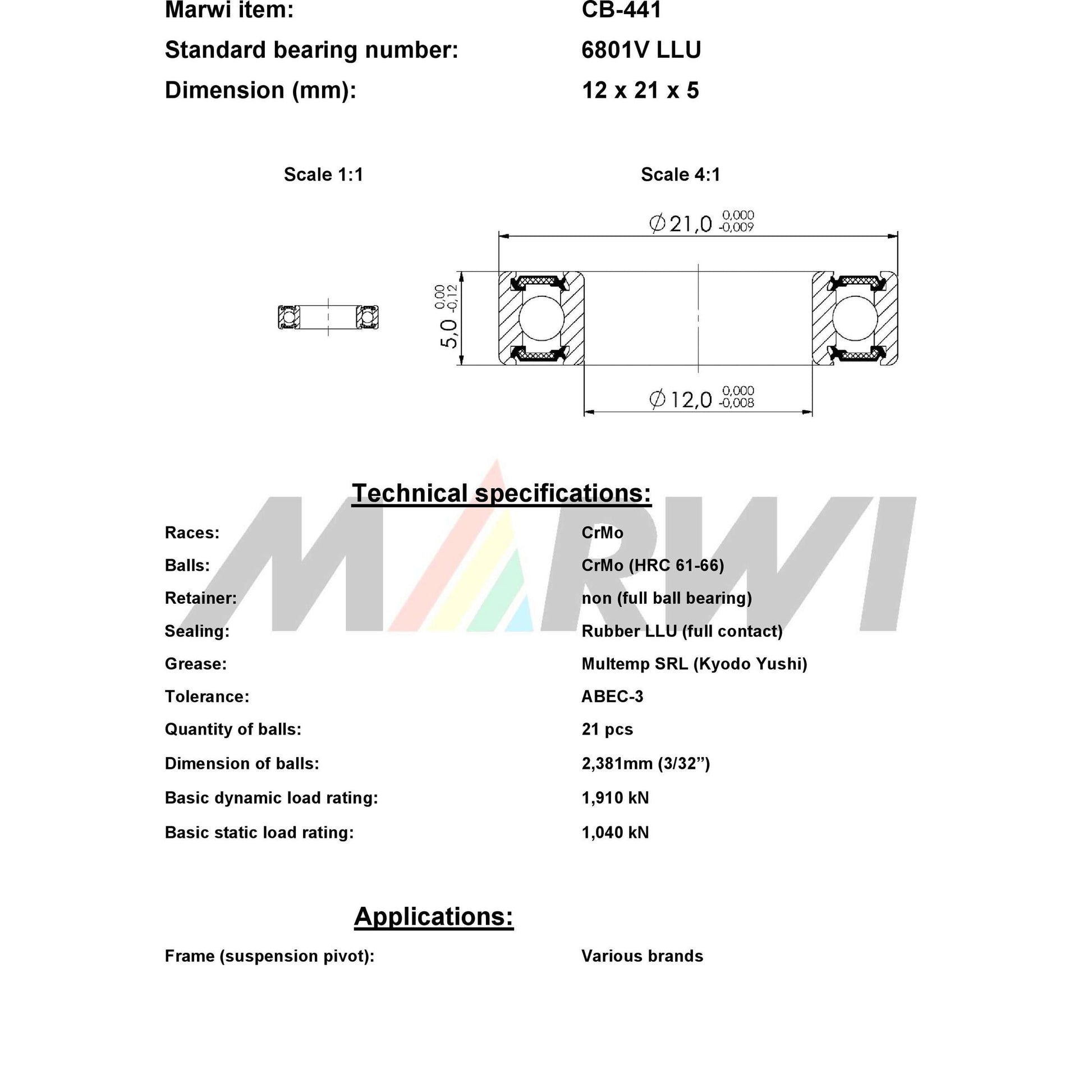 Union Kogellager Max CB-441 6801V LLU 12x21x5