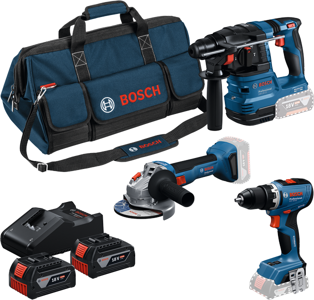 Bosch kit de herramientas bateria azul 3 kit de herramientas 18v gsr 18v-65 + gws 18v-8 + gbh 18v-22 | 2x gba 18v 4.0ah + cargador gal 18v-40 - 0615a50094