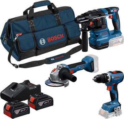 Bosch blauw accutoolkit 3 toolkit 18v gsr 18v-65 + gws 18v-8 + gbh 18v-22 | 2x gba 18v 4.0ah + lader gal 18v-40 - 0615a50094