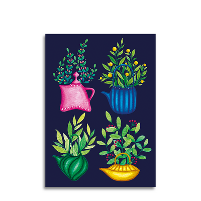 Biglietto d'auguri Art by Andu con 4 teiere blu