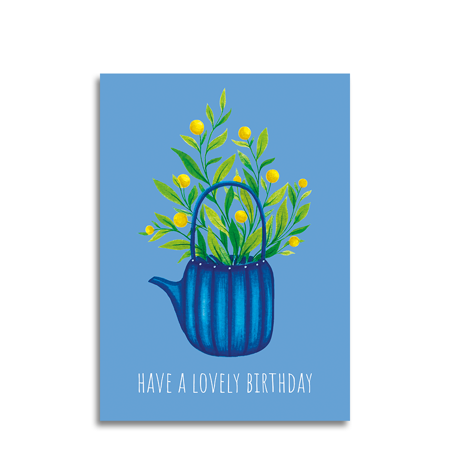 Art by andu wenskaart light blue tea pot blue stripes