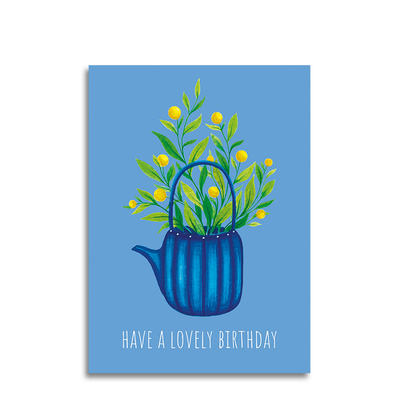 Biglietto d'auguri Art by Andu azzurro teiera righe blu