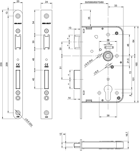 Cerradura de puerta Assa abloy 2420 | dm65mm | pc72mm | agujero de manivela 8 mm | placa frontal acero inoxidable 24x235mm rectangular | dr 1+3 2+4 - 7262018