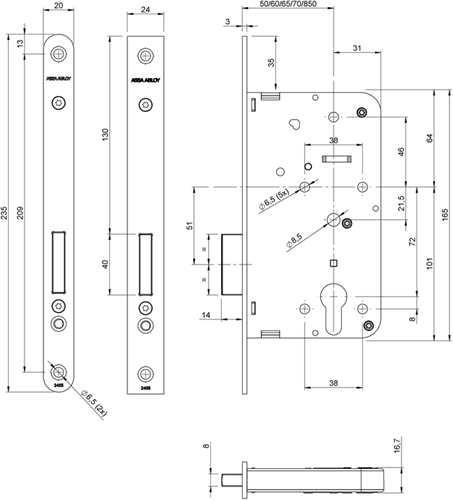 Assa abloy 2455 kastslot | dm50mm | pc | voorplaat staal gelakt 24x235mm rechthoekig | dr 1+2+3+4 - 7962019