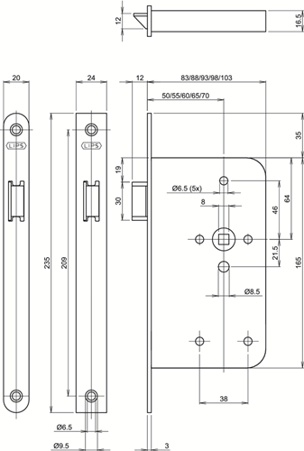 Cerradura de barril Assa abloy 2465 | dm50mm | agujero de manivela 8 mm | placa frontal acero pintado 20x235mm redondeada | dr 1+3 2+4 - 7962040