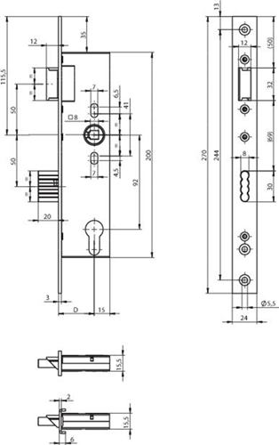 Cerradura de puerta Assa abloy n1500 | dm40mm | pieza 92mm | agujero de manivela 8 mm | placa frontal acero inoxidable 24x270mm rectangular | pestillo de zamac niquelado | dr 1+3 2+4 - 10049531