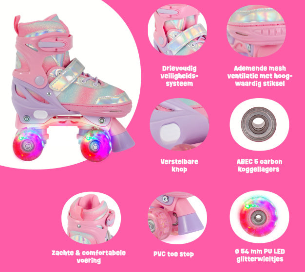 Patinillos de rodillo ajustables de Aventuri con un brillo ligeramente rosa tamaño 27-30 (XS)