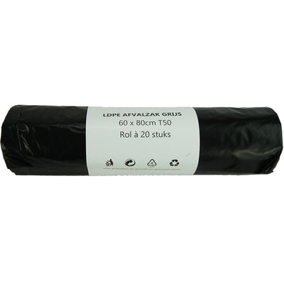 Afvalzak 60l grijs 20 stuks op rol 60x80cm dikte 50mu