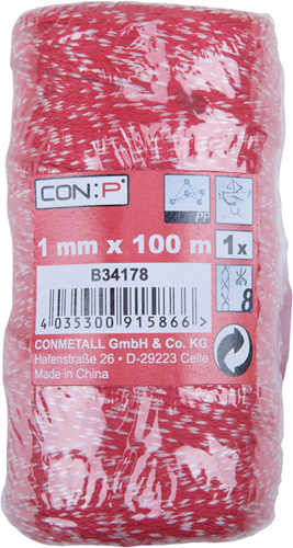 Con:p pp rope 1mm 6kg red white bob 100m - b34178