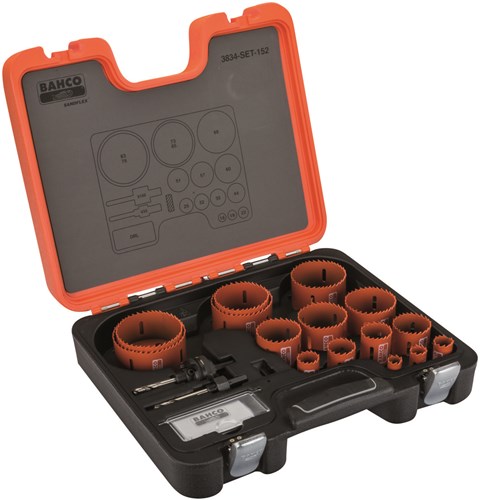 Set di seghe a tazza bimetalliche Bahco sandflex® | per metallo e legno | 16 mm - 83 mm - 18 pezzi - 3834-set-152