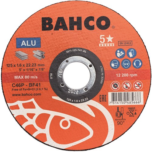 Muela abrasiva Bahco | para desbarbar | para aluminio | 125 x 1,6 x 22,23 mm - 3911-125-t41-al