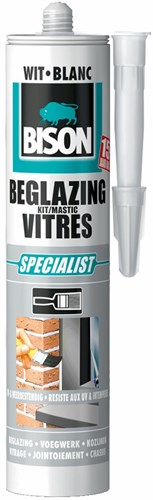 Bison beglazingskit wit koker 290 ml, overschilderbaar, waterbestendig, afdichtingskit, voor voegen bij enkel- en dubbelglas, binnen en buiten toepasbaar