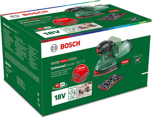 Bosch groen bosch universalsander 18v-10 - accu multischuurmachine - incl. rechthoekige schuurvoet en 2 schuurbladen - excl. 18v accu en lader