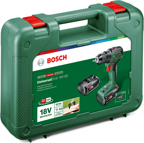Bosch green universaldrill 18v-60 | cordless drill with two settings | 2 x 2.0 ah battery + charger 06039d7002