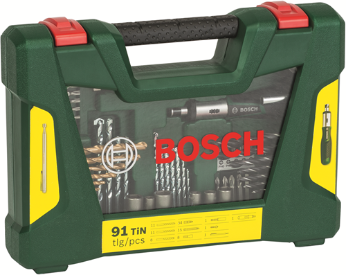 Bosch accessoires v-line tin-boren en bitset met ratelschroevendraaier en magnetisch uitschuifbare pen 91-delige - 2607017195