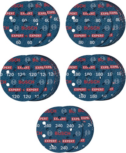 Set di dischi abrasivi Bosch Accessories Expert da 55 pezzi o780 con supporto in pellicola, 125 mm, 5xg60; 15xg80; 15xg120; 15xg180; 5xg240-2608902429