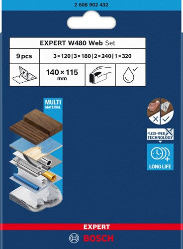 Bosch Accessories Expert Set da 9 fogli abrasivi Web W480 115 x 140 mm, 3x G120; 3xg180, 2xg240; 1x g320 (in linea) - 2608902432