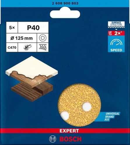 Carta vetrata Bosch Accessories Expert C470 per levigatrici eccentriche 125 mm, 8 fori, K40 5 pezzi - 2608900803
