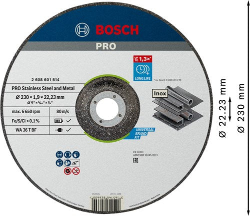 Bosch Accessories Pro Disco da taglio in acciaio inox e metallo | 230 x 1,9 x 22,23 mm | con centro depresso - 2608601514