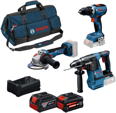 Set combinato Bosch da 3 pezzi blu Trapano avvitatore a batteria GSR 18V-65, trapano a percussione GBH 18V-26, smerigliatrice angolare GWS 18V-11, 2x GBA 18V 5.0Ah-5.5Ah - 0615A500aj