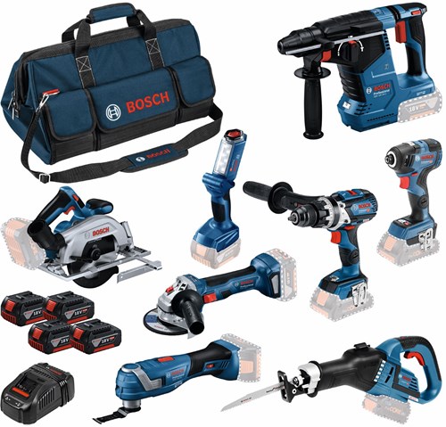 Bosch blauw 0615a5004a | accu combiset 18v 8 machines in tas (4x 5.0ah accu + lader) - 0615a5004a