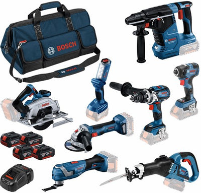 Bosch blue 8 tool kit 18v | combo pack 4 x 5.0ah + charger | in bag - 0615a5004a