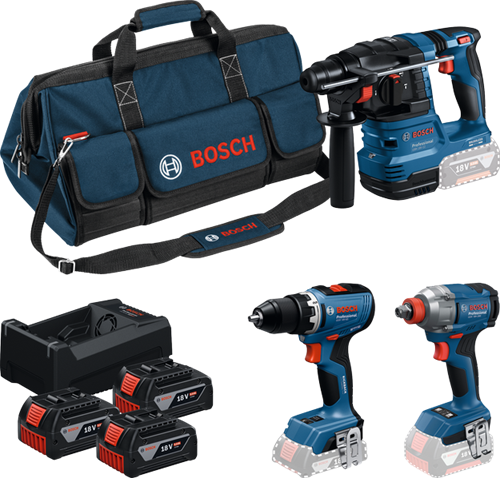 Bosch blue battery toolkit 3 toolkit 18v gsr 18v-65 + gdx 18v-285 + gbh 18v-22 | 3x gba 18v 5.0ah + charger gal 12v-18v-80 - 0615a50093