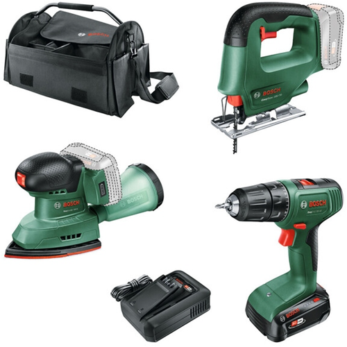 Kit de herramientas Bosch batería verde combipack easydrill 18v-40 + easysaw 18v-70 + easysander 18v-8 | incluido 1x 18v 2,5 ah + cargador | en bolsa - 0615a500aa