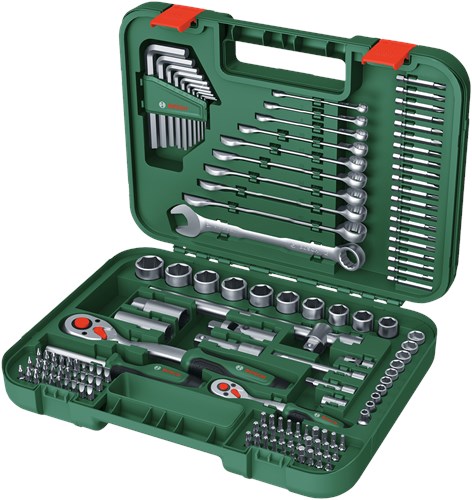 Juego de fijación verde Bosch de 132 piezas (1 carraca de 2, 1 carraca de 4, destornillador de punta universal, juego de llaves Torx de 10 piezas, 10 llaves de estrella, 20 puntas (50 mm), 60 puntas (25 mm) - 1600a02z9b